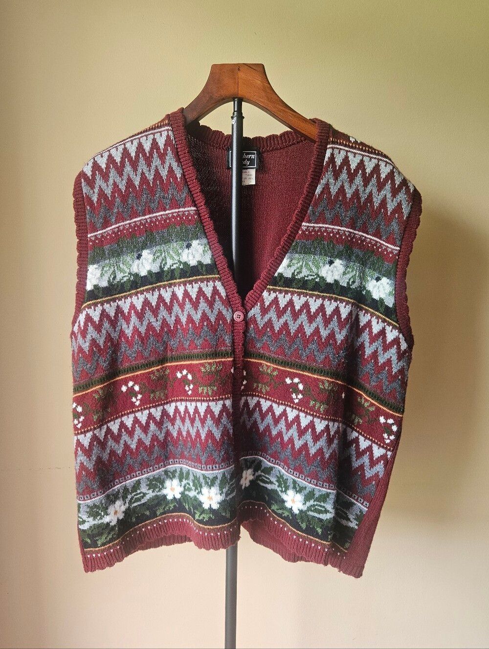 Vintage Southern Lady Burgundy Knit Vest with Gray Accents Size XL